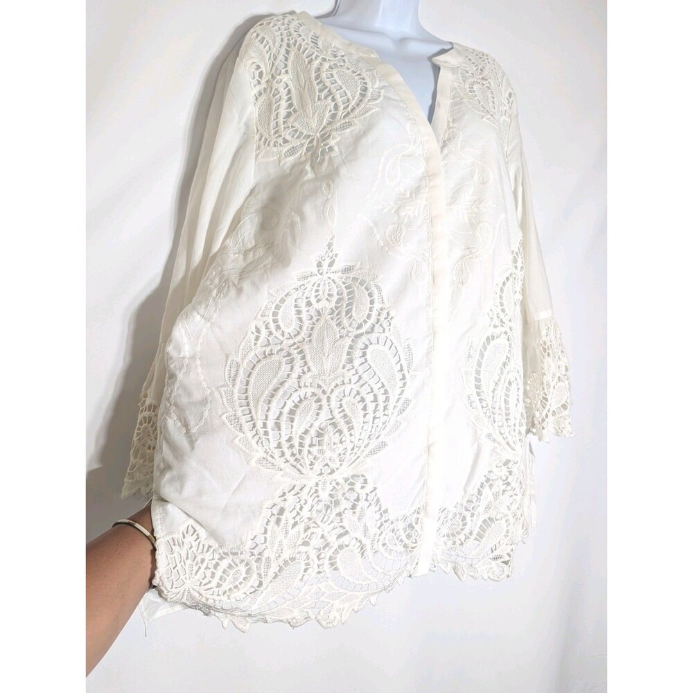 NWT Chicos Cotton Button Down Blouse Womens Sz 3 16/18 Lace Flare Sleeve Peasant - Picture 4 of 16